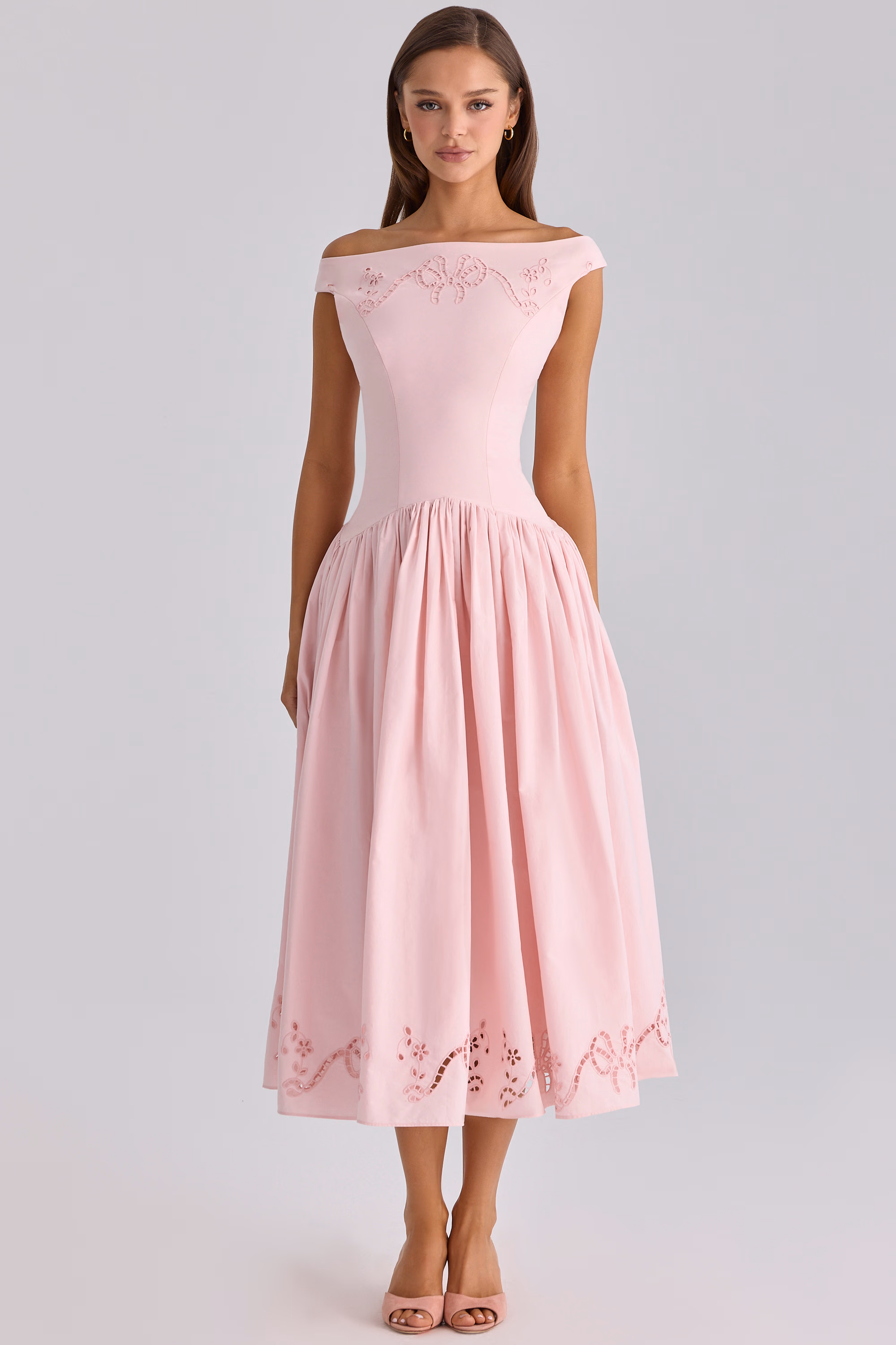 pink cotton broderie anglaise boat neck maxi dress