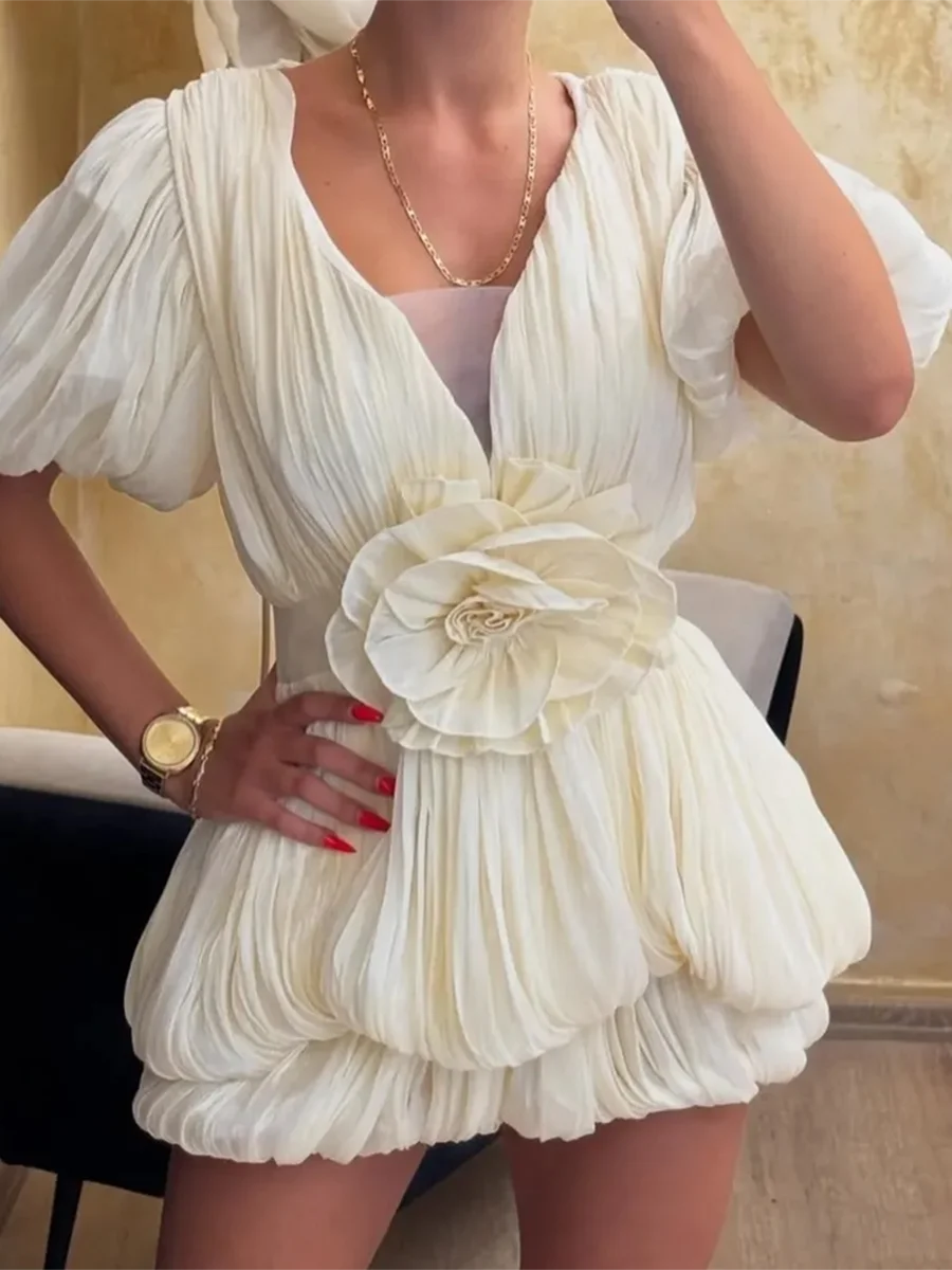 Ruched Deep V Neck Puff Sleeve 3D Flower Mini Dress