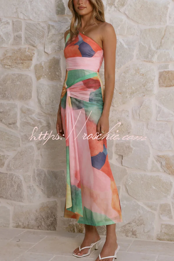 Unique Printed One-Shoulder Cutout Fitted Lace-Up Maxi Dress