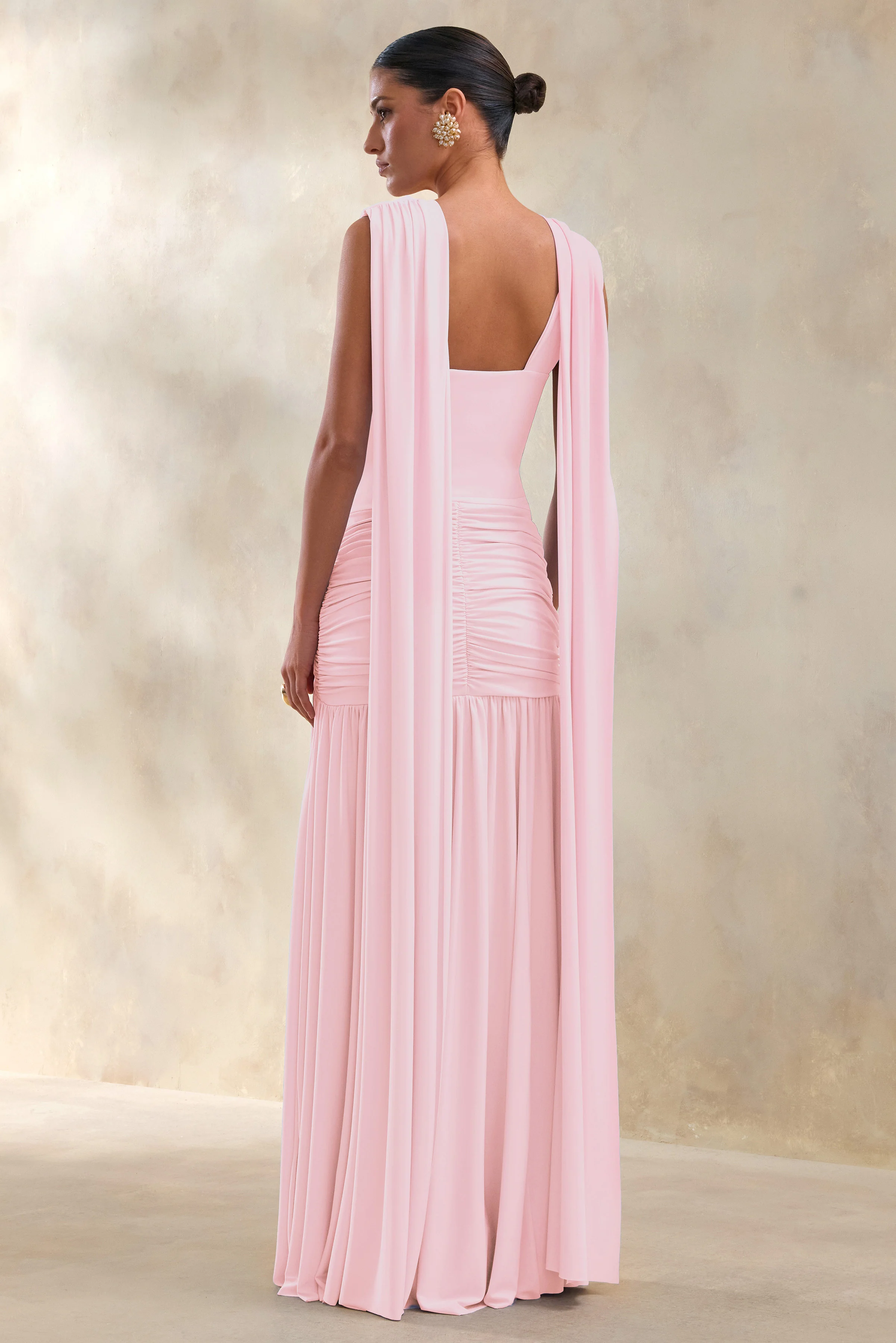Amelisse | Light Pink Plunge-Neck Maxi Dress With Ruched-Detailing