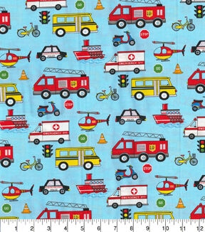 Transportation Vehicles on Blue Novelty Cotton Fabric