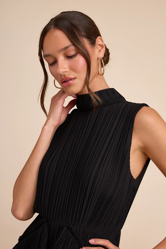 Alvana Black Plisse Mock Neck Ruffled Mini Dress