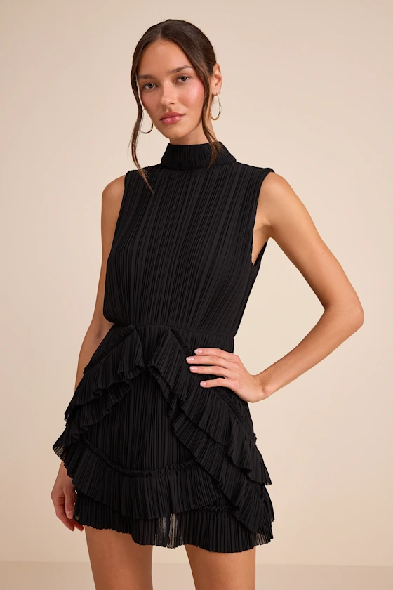 Alvana Black Plisse Mock Neck Ruffled Mini Dress