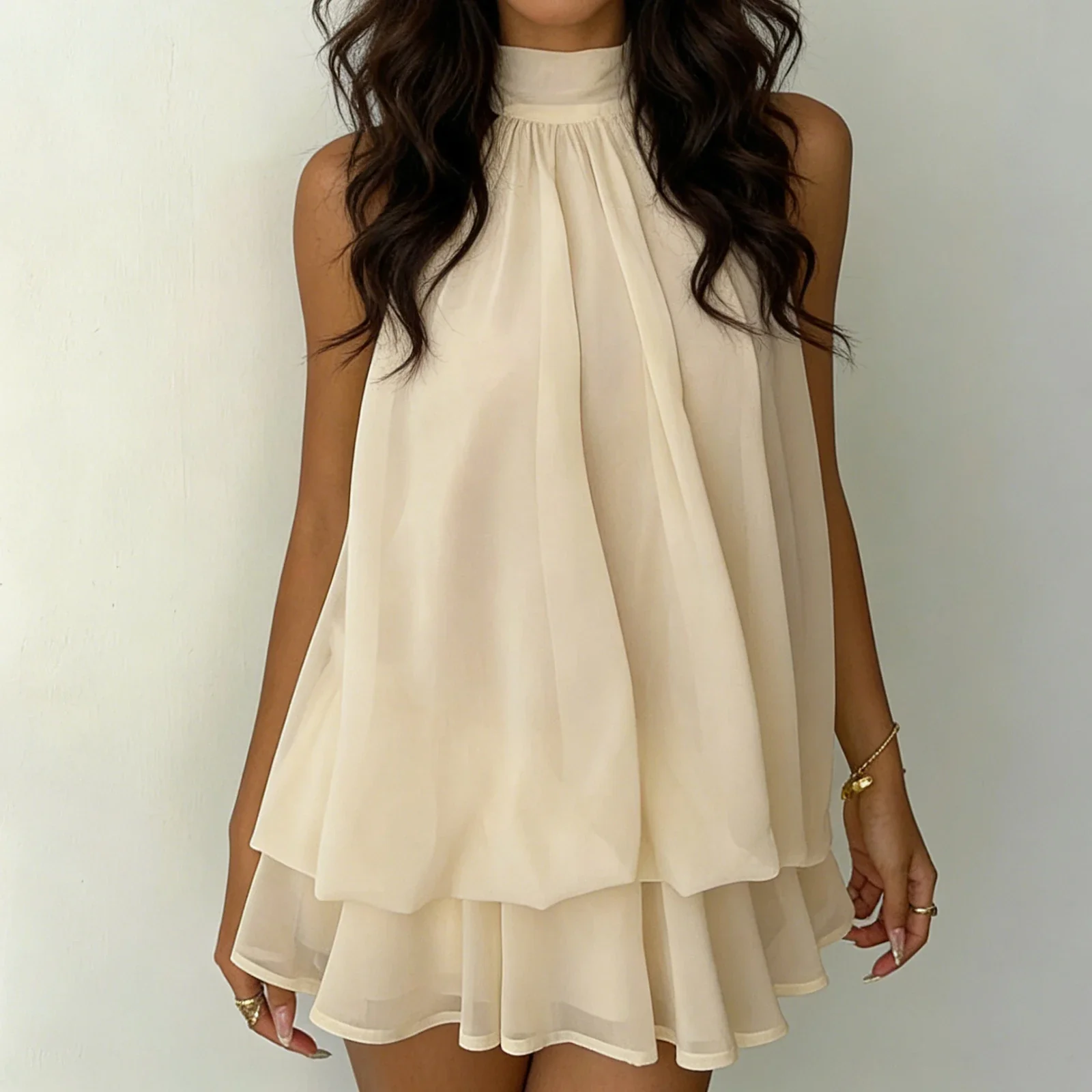 Tiered Ruffle Open Back Tie Detail Halter Mini Dress