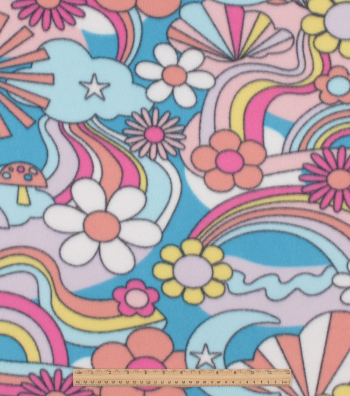 Groovy Flowers on Blue Blizzard Fleece Fabric