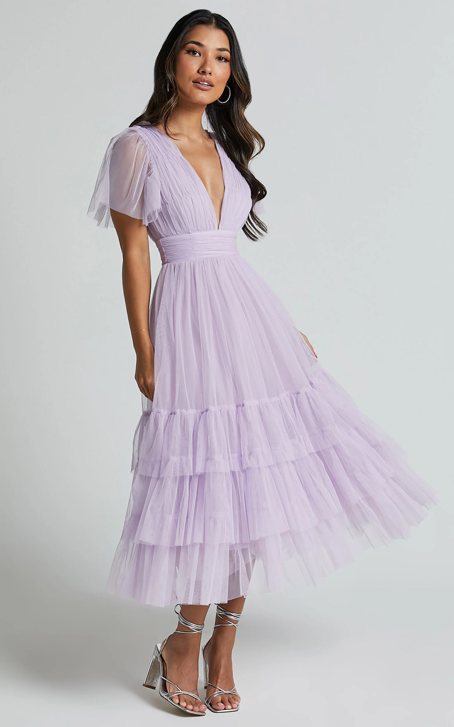 Flutter Sleeve Tuelle Plunge Dress in Lilac