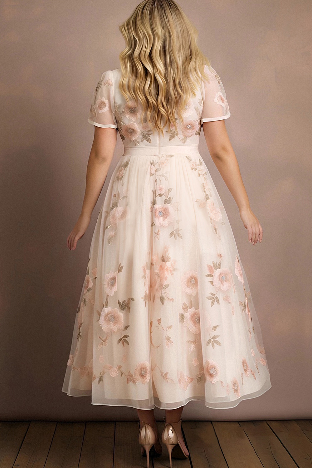 Flycurvy Plus Size Wedding Guest Beige Organza Button Floral Print Midi Dress