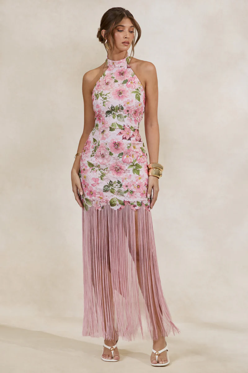 Pink Floral Print Lace Halter-Neck Fringed Maxi Dress