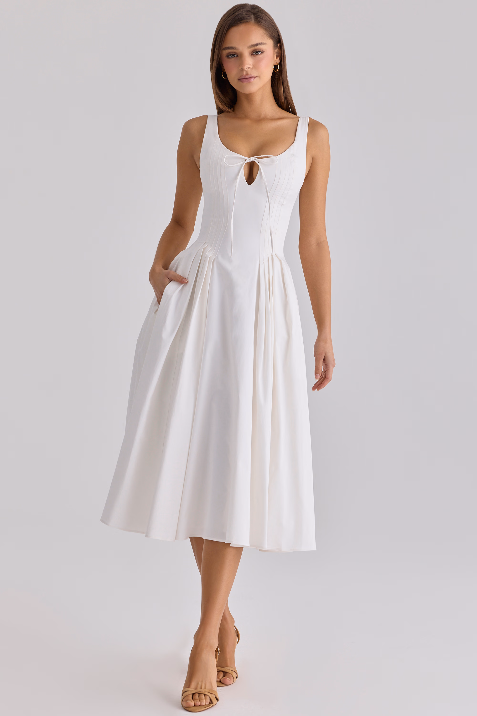 white pleated cotton peekaboo midi dress