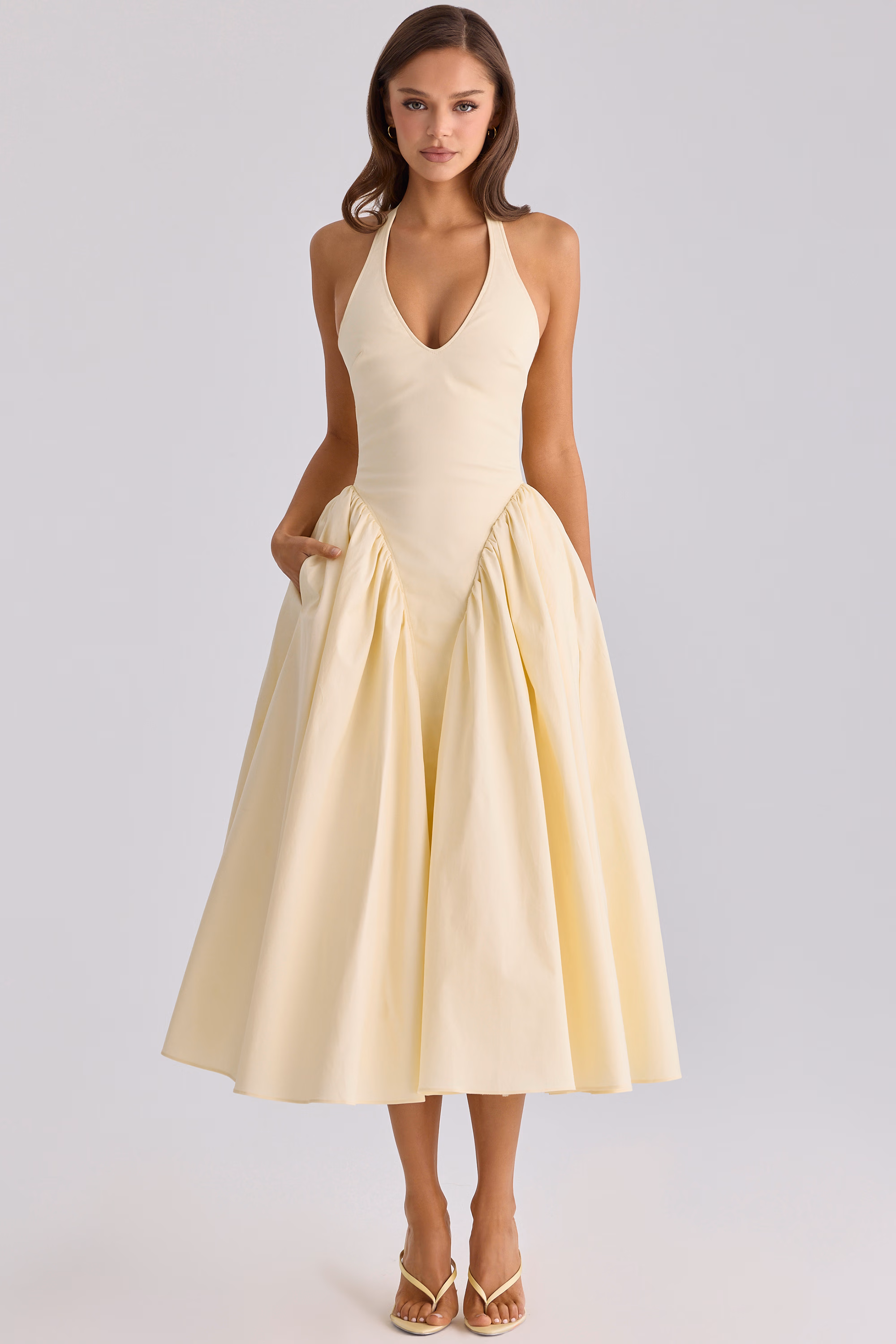 lemon cotton halter neck midi sundress