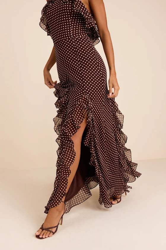 Casey Brown Polka Dot Halter Ruffled Maxi Dress