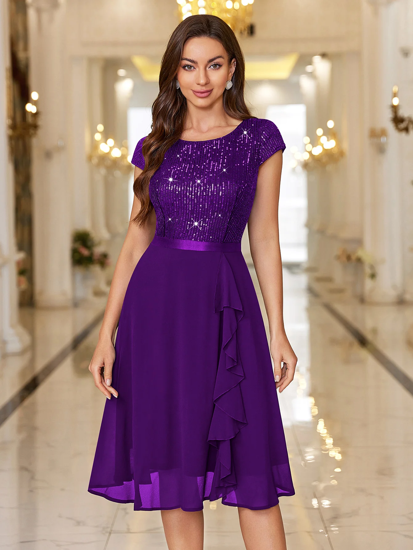 Sequin Lace Ruffle Trim Chiffon Cocktail Party Swing Dress for Weddings, Proms & Formal Events