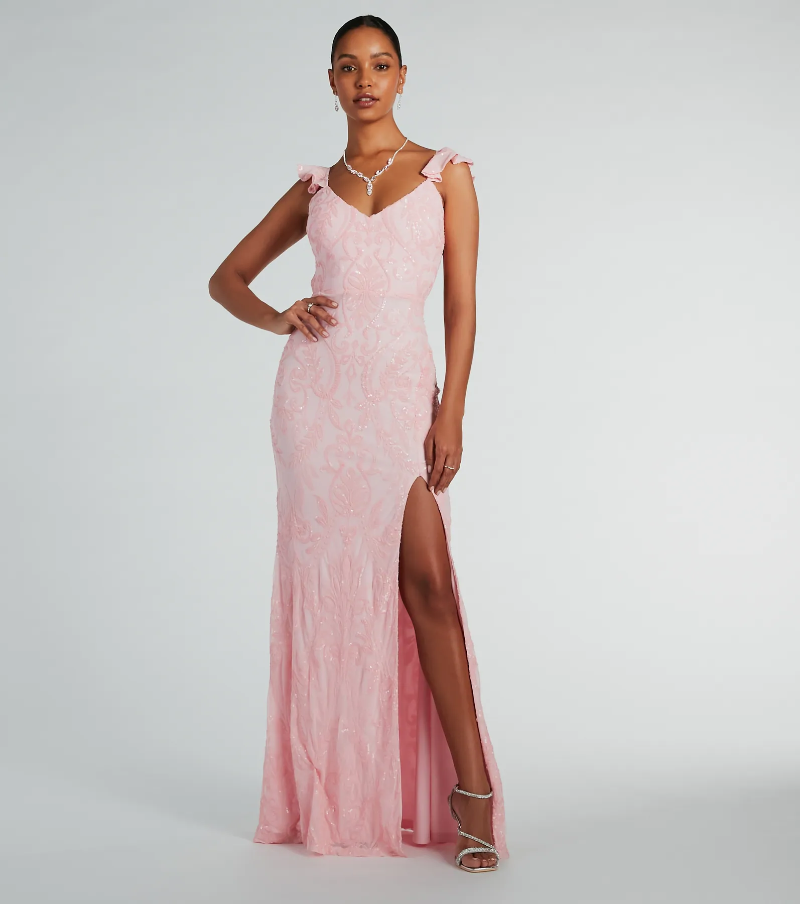 Estella V-Neck Column Long Sequin Formal Dress