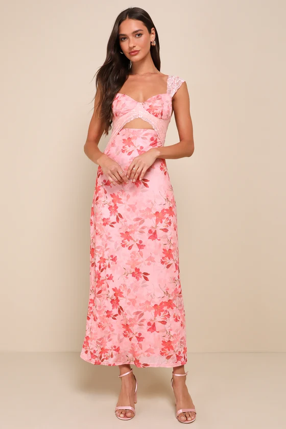 Endlessly Cute Pink Floral Mesh Cutout Lace Bustier Maxi Dress