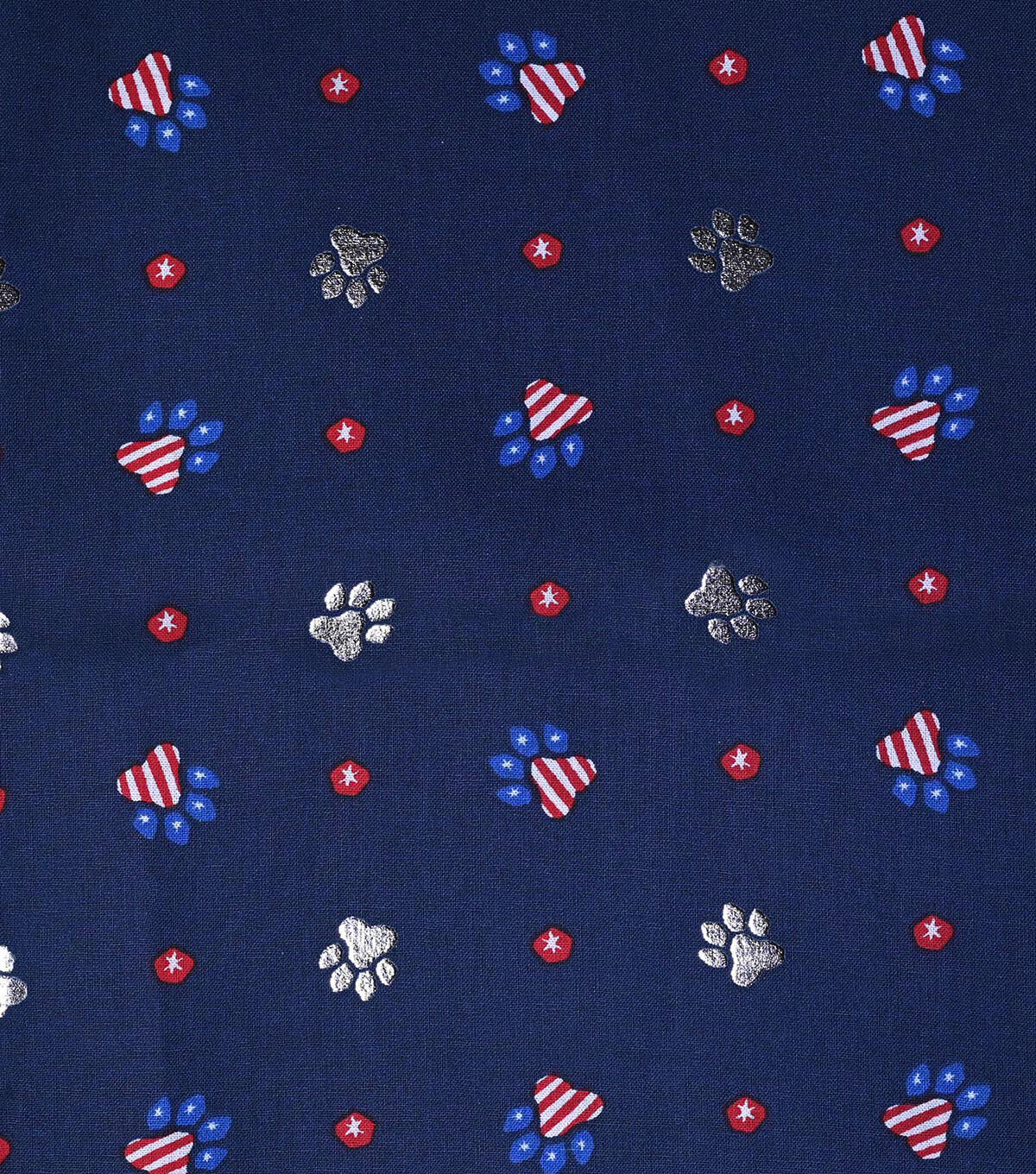 Navy Paw Prints Patriotic Foil Cotton Fabric