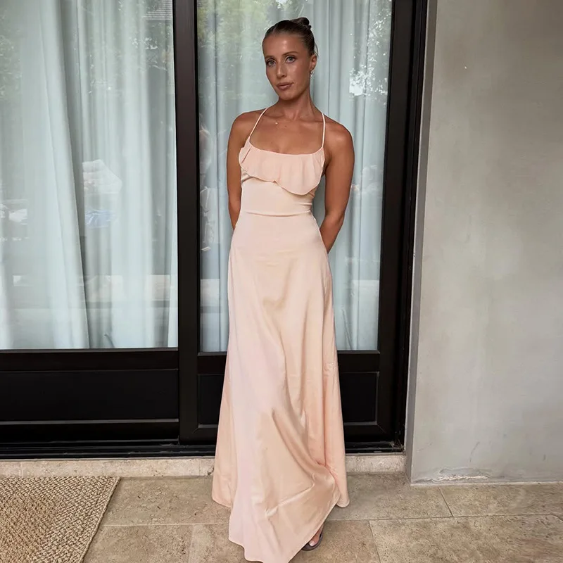 Pink Ruffle Back Tie Up Maxi Dress