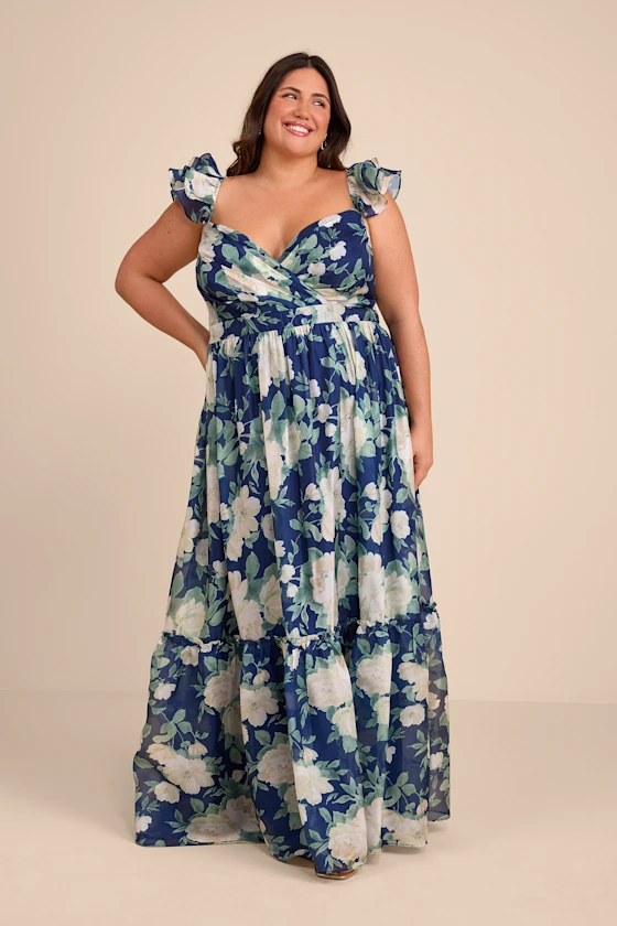 Soiree Perfection Navy Floral Ruffled Tiered Maxi Dress