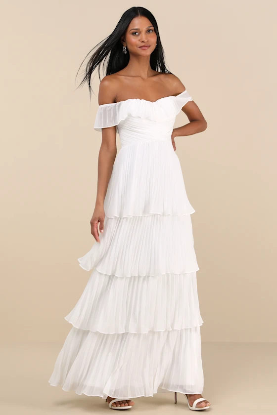 Always Remarkable White Pleated Off-the-Shoulder Maxi Dress