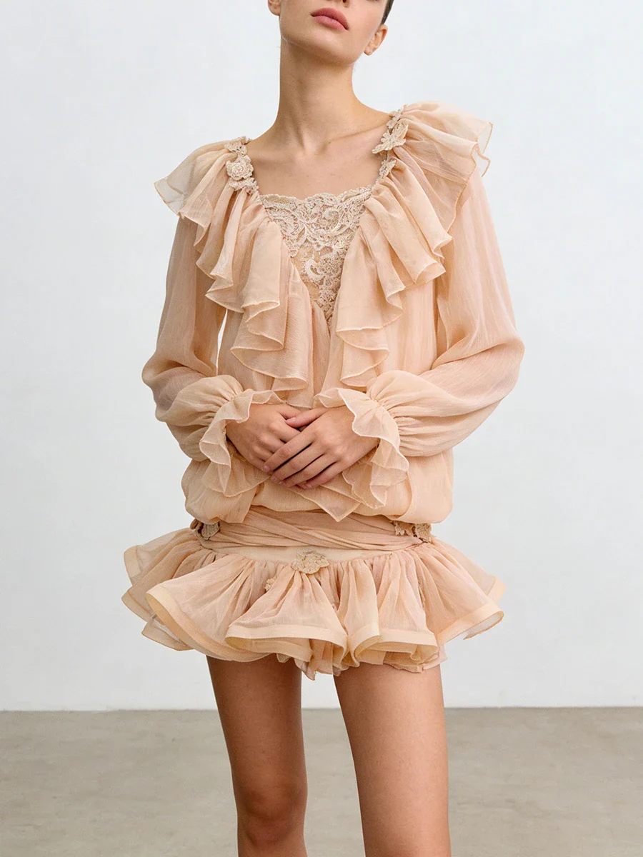 Ruffles Long Sleeve Mesh Mini Dress