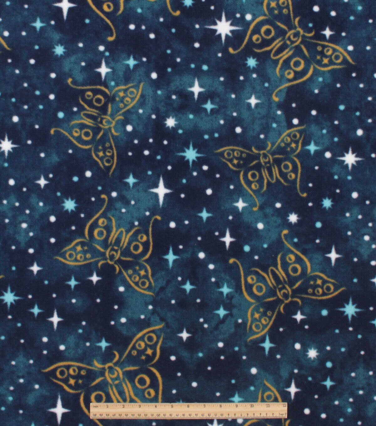 Galactic Celestial Butterflies & Stars on Blue Anti Pill Fleece Fabric