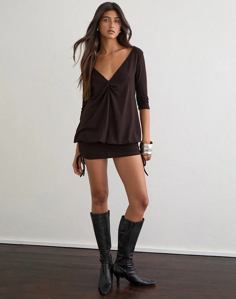 Sundari Quarter Sleeve Mini Dress in Rayon Jersey Chocolate Brown
