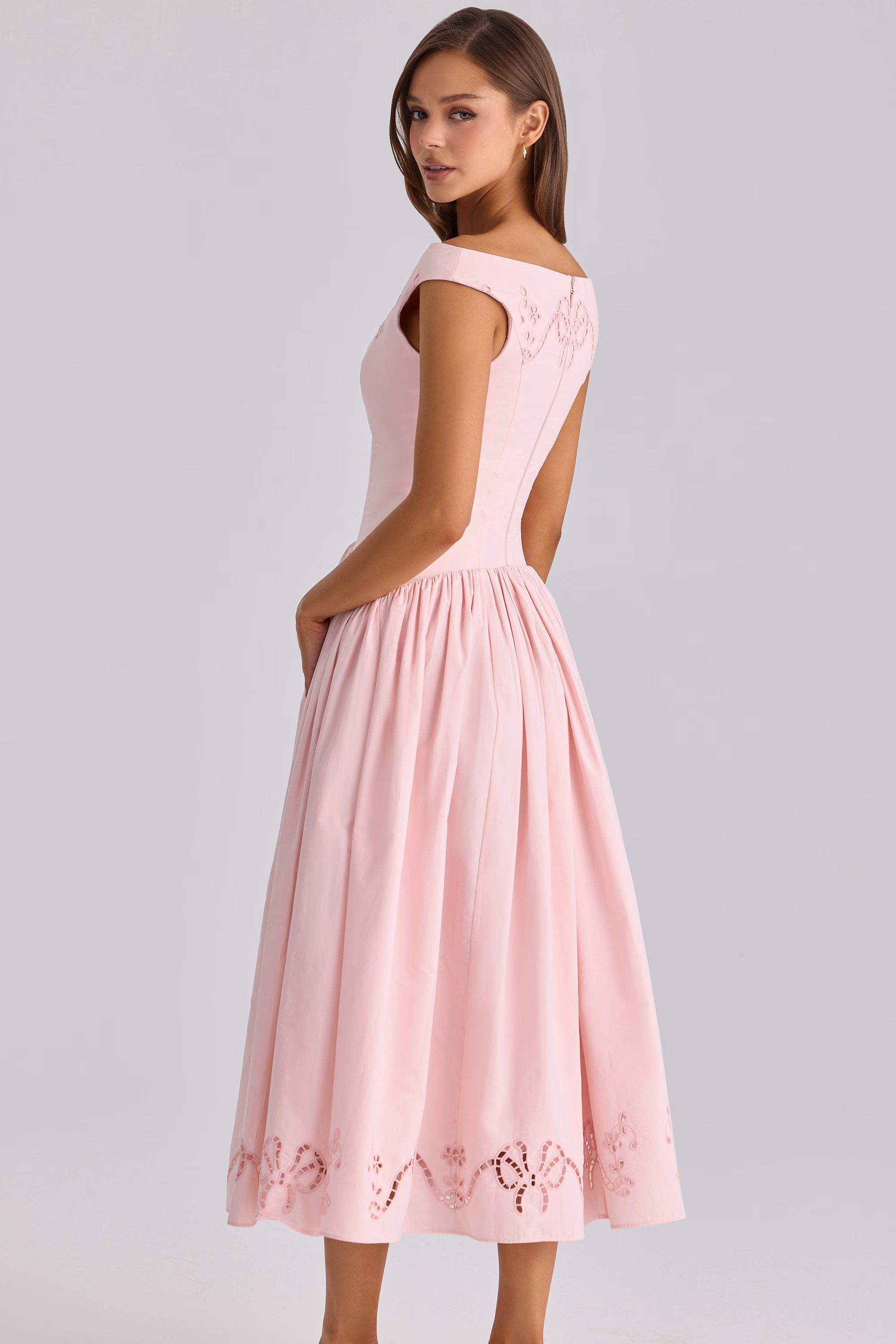 pink cotton broderie anglaise boat neck maxi dress