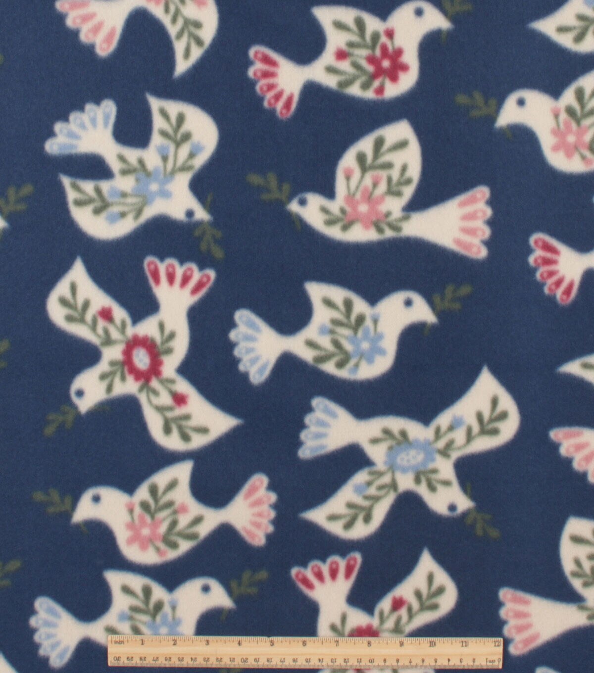 White Floral Doves On Blue Blizzard Fleece