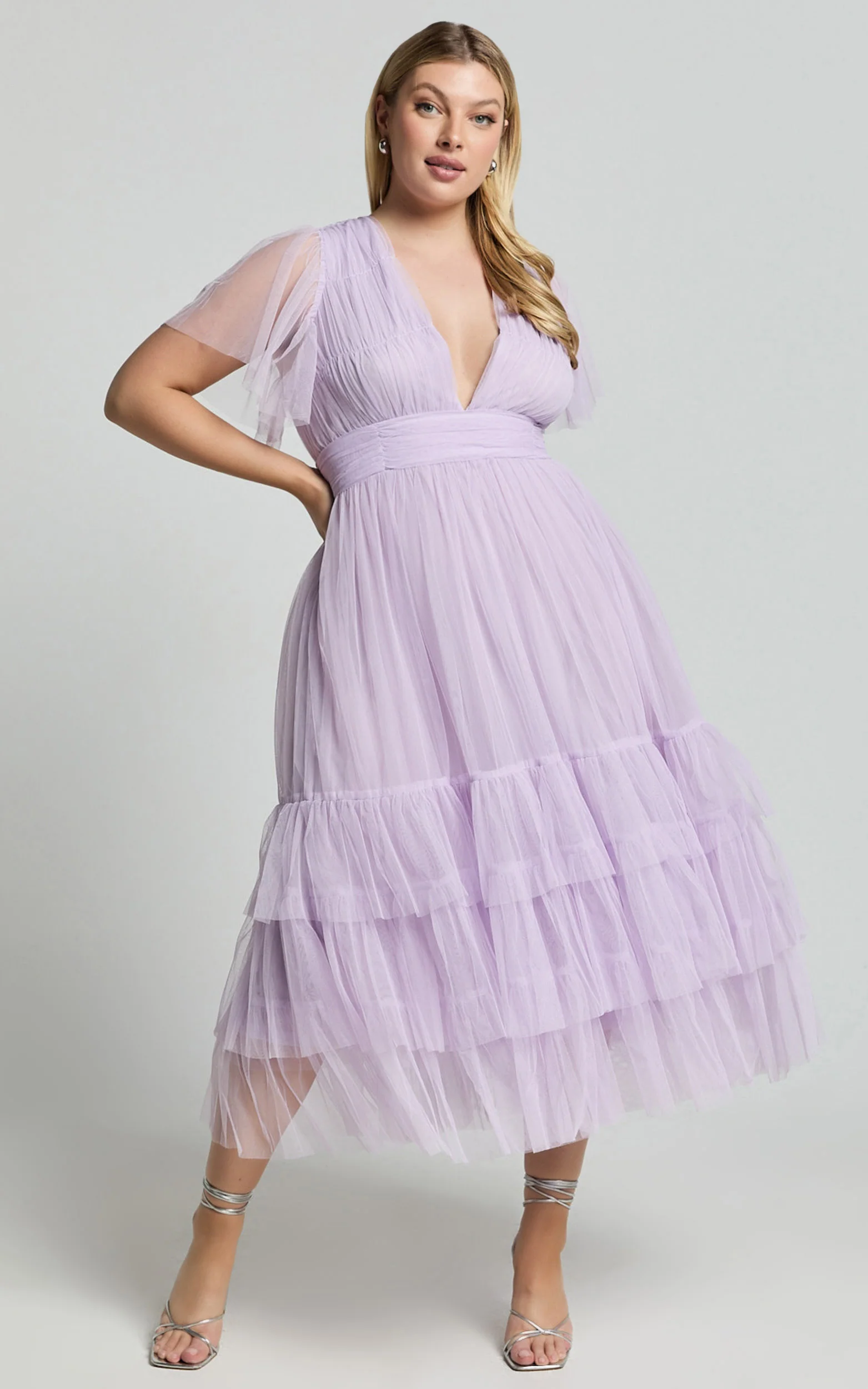 Flutter Sleeve Tuelle Plunge Dress in Lilac