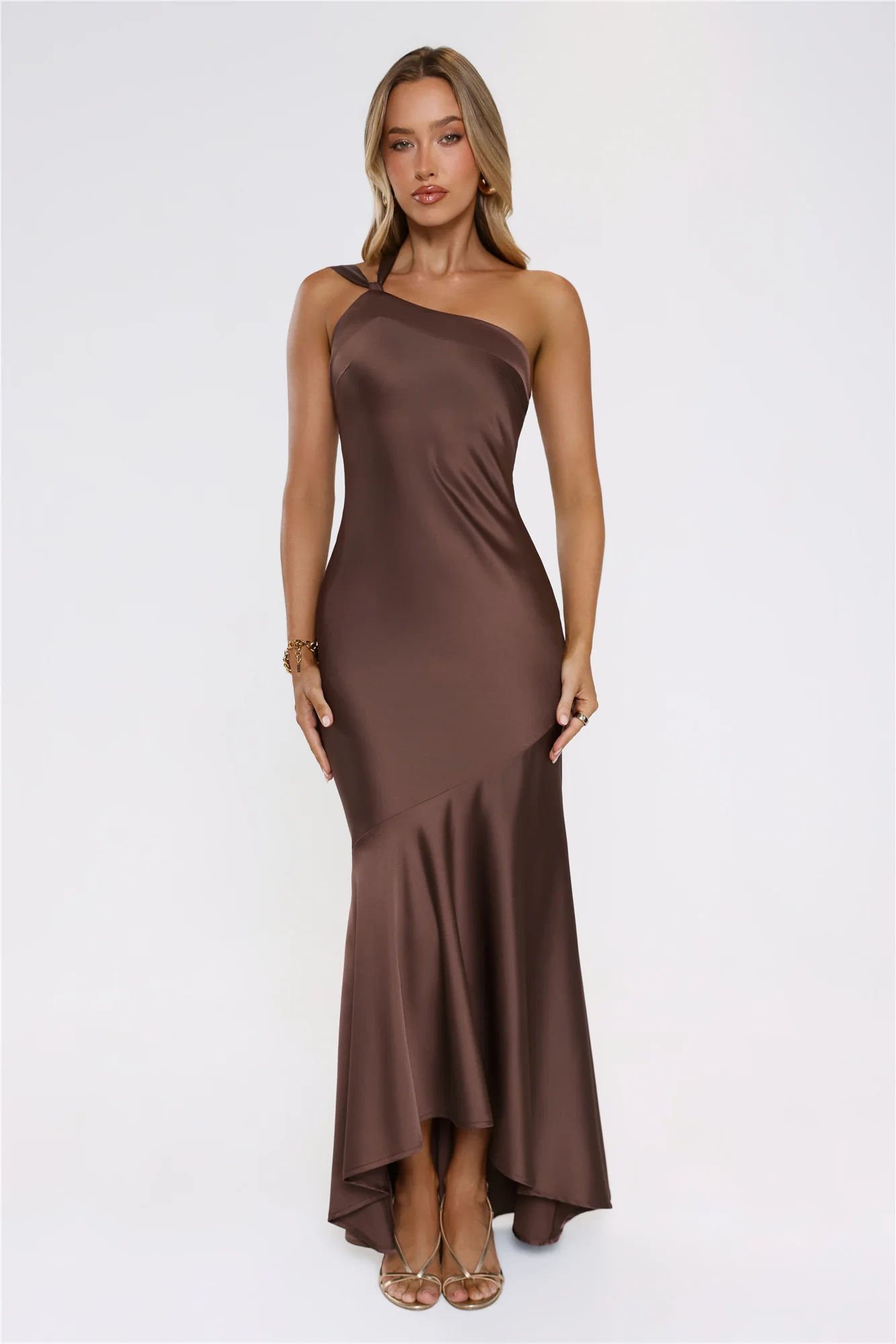 Romantic Affair Satin One Shoulder Maxi Dress Brown