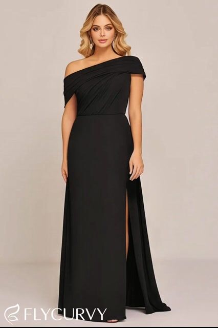 Flycurvy Plus Size Formal Black One Shoulder Split Maxi Dress