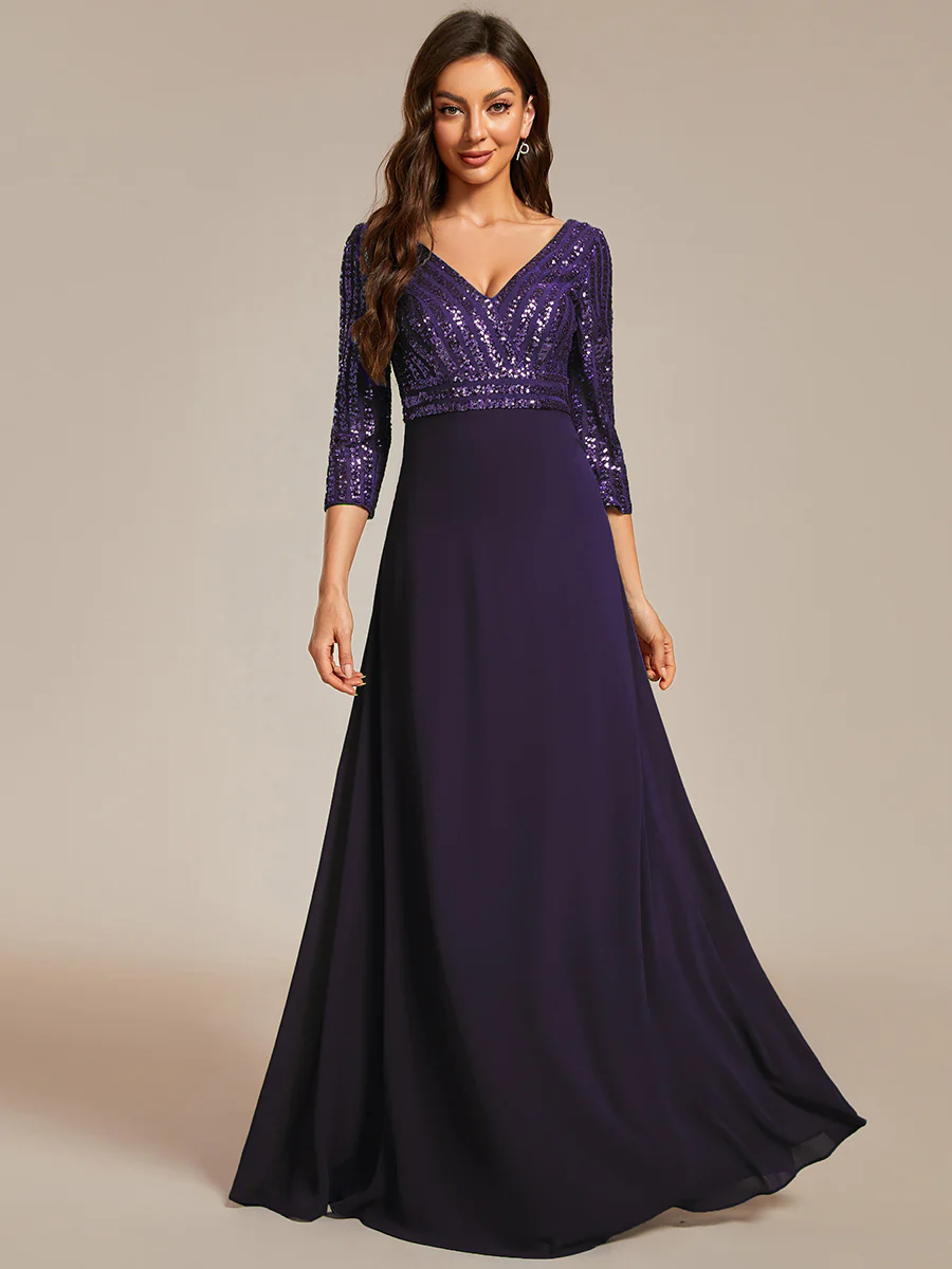 Sexy V Neck A-Line Sequin Wholesale Evening Dresses With 3/4 Sleeve