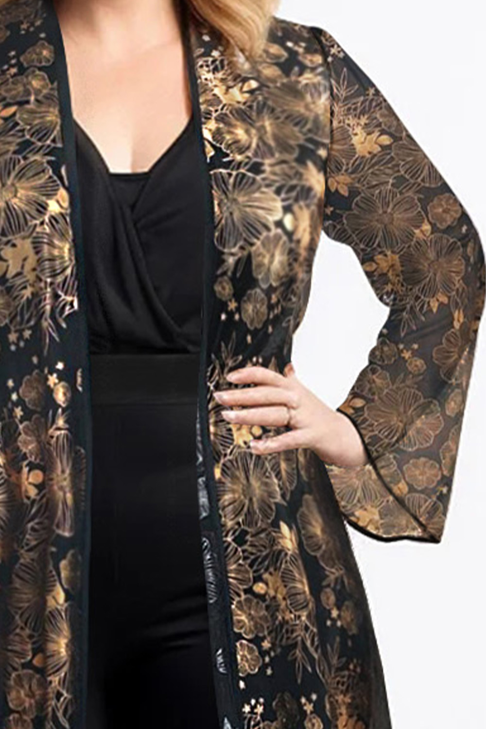 Flycurvy Plus Size Wedding Guest Black Mesh Empire Waist Printed Two Pieces Jumpsuit With Jacket