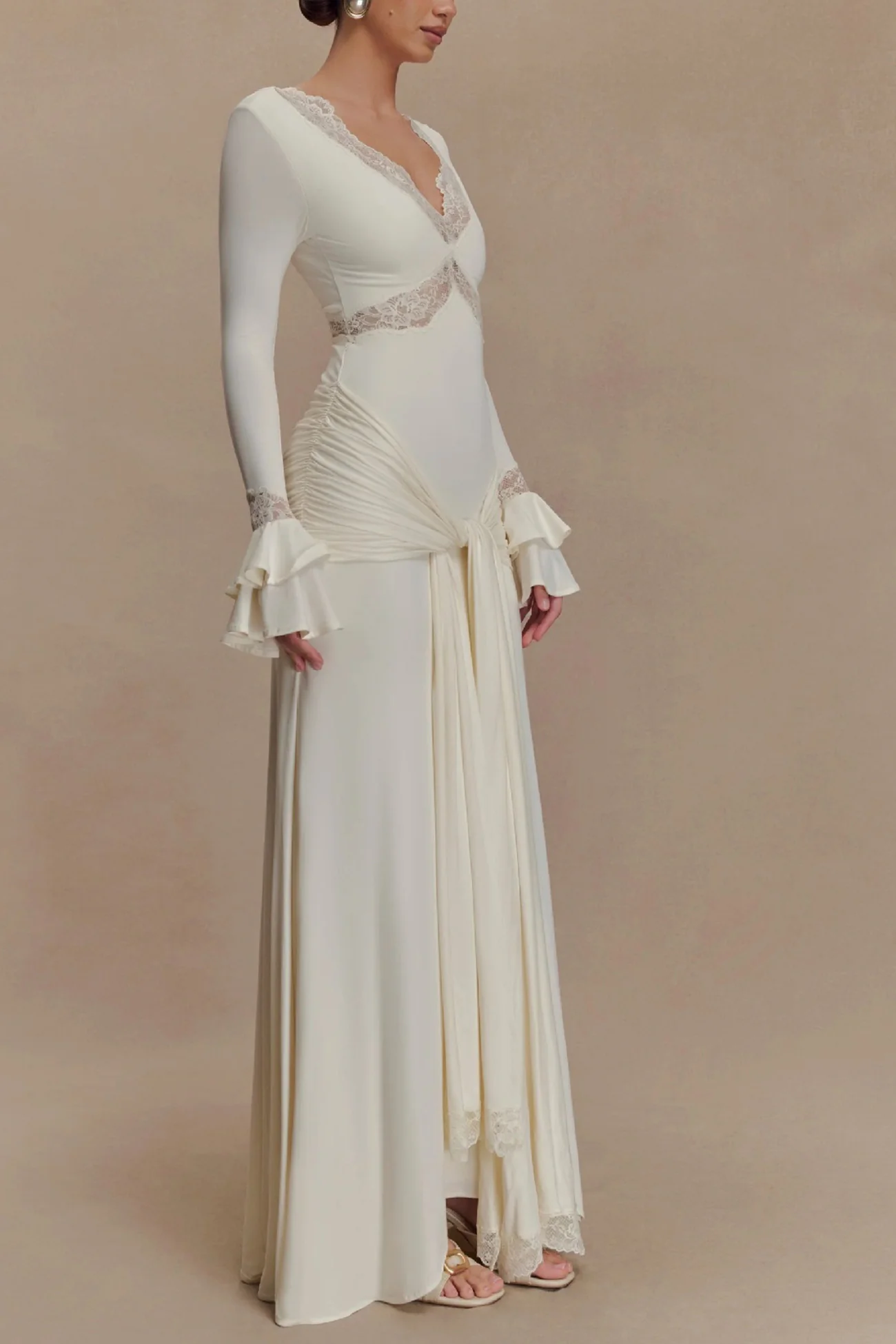 Lace Patchwork Flare Sleeve Tie-up Maxi Dress