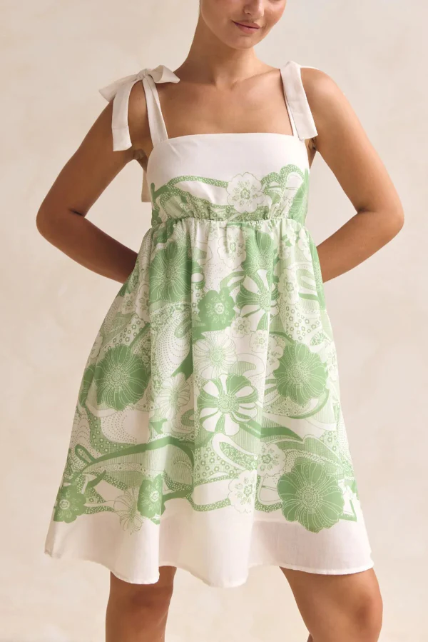 Unique Print Square Neck Spaghetti Strap Tie Full Hem Mini Dress
