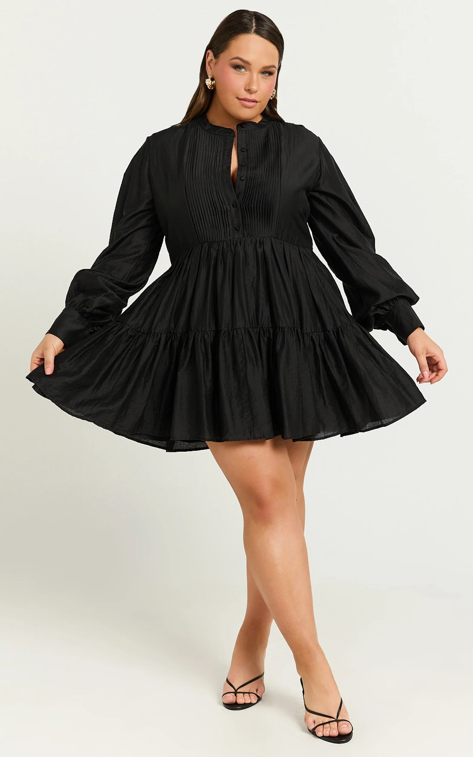 Pin Tuck Detail Tiered Shirt Dress in Black