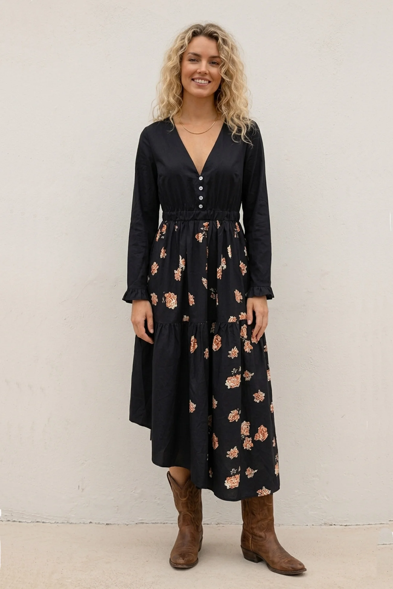 Floral Print Irregular Hem Retro Midi Dress