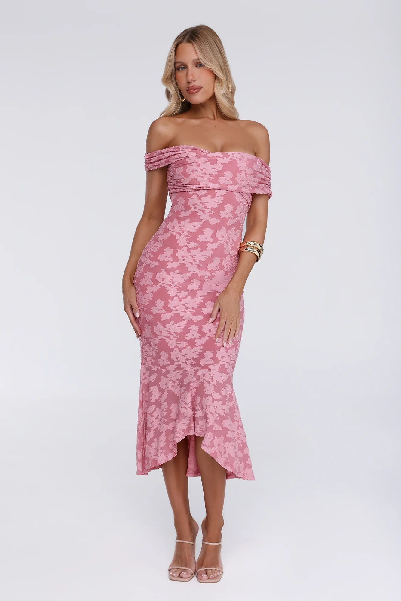 Botanical Embrace Off Shoulder Midi Dress Rose