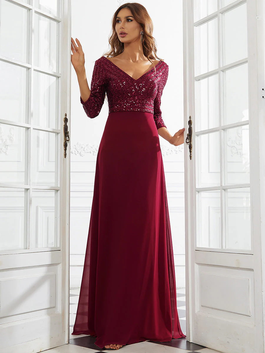 Sexy V Neck A-Line Sequin Wholesale Evening Dresses With 3/4 Sleeve