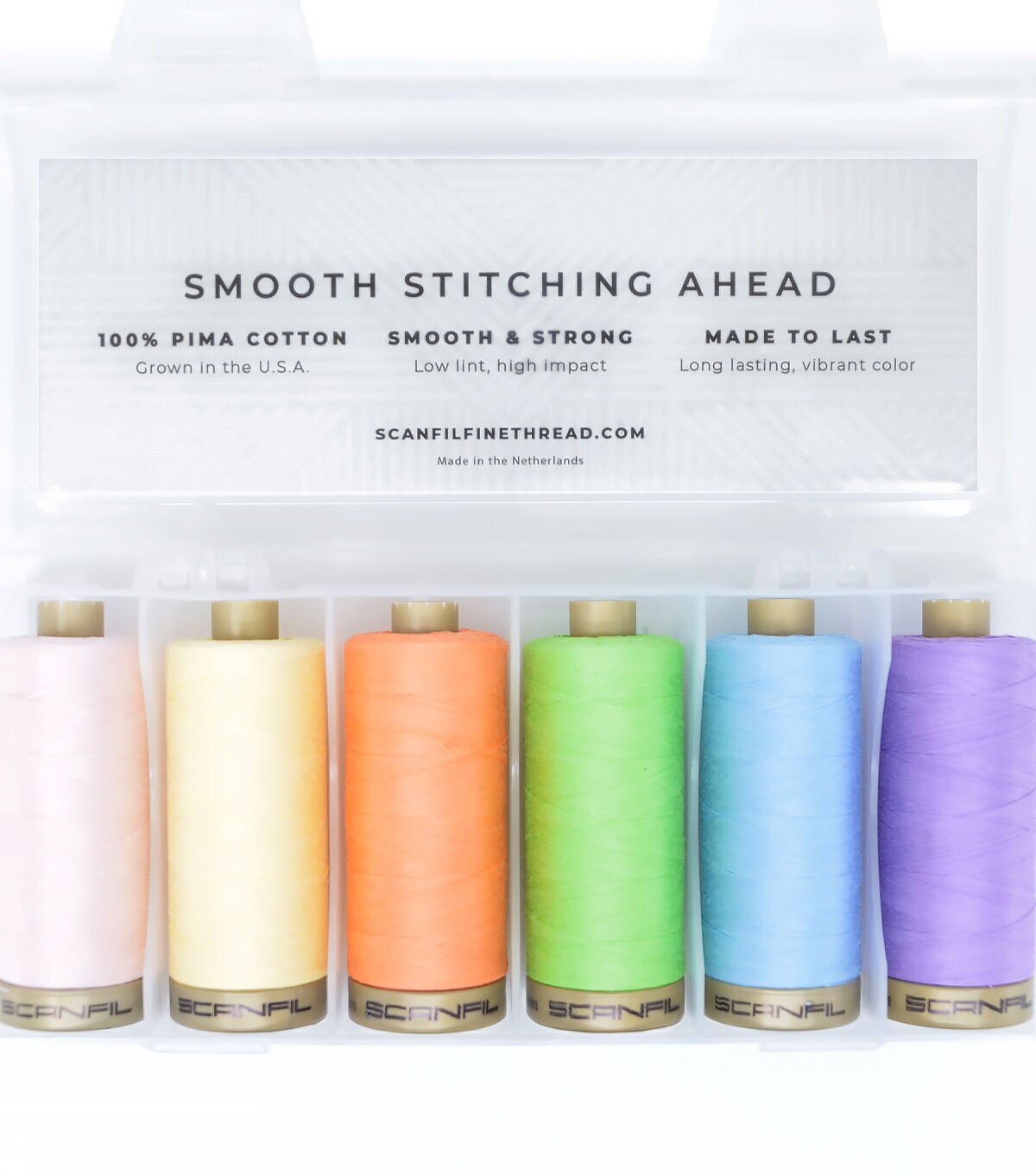 SCANFIL Pima Cotton 50 Wt Thread 1200 Yds 6ct and Storage Box Pastel