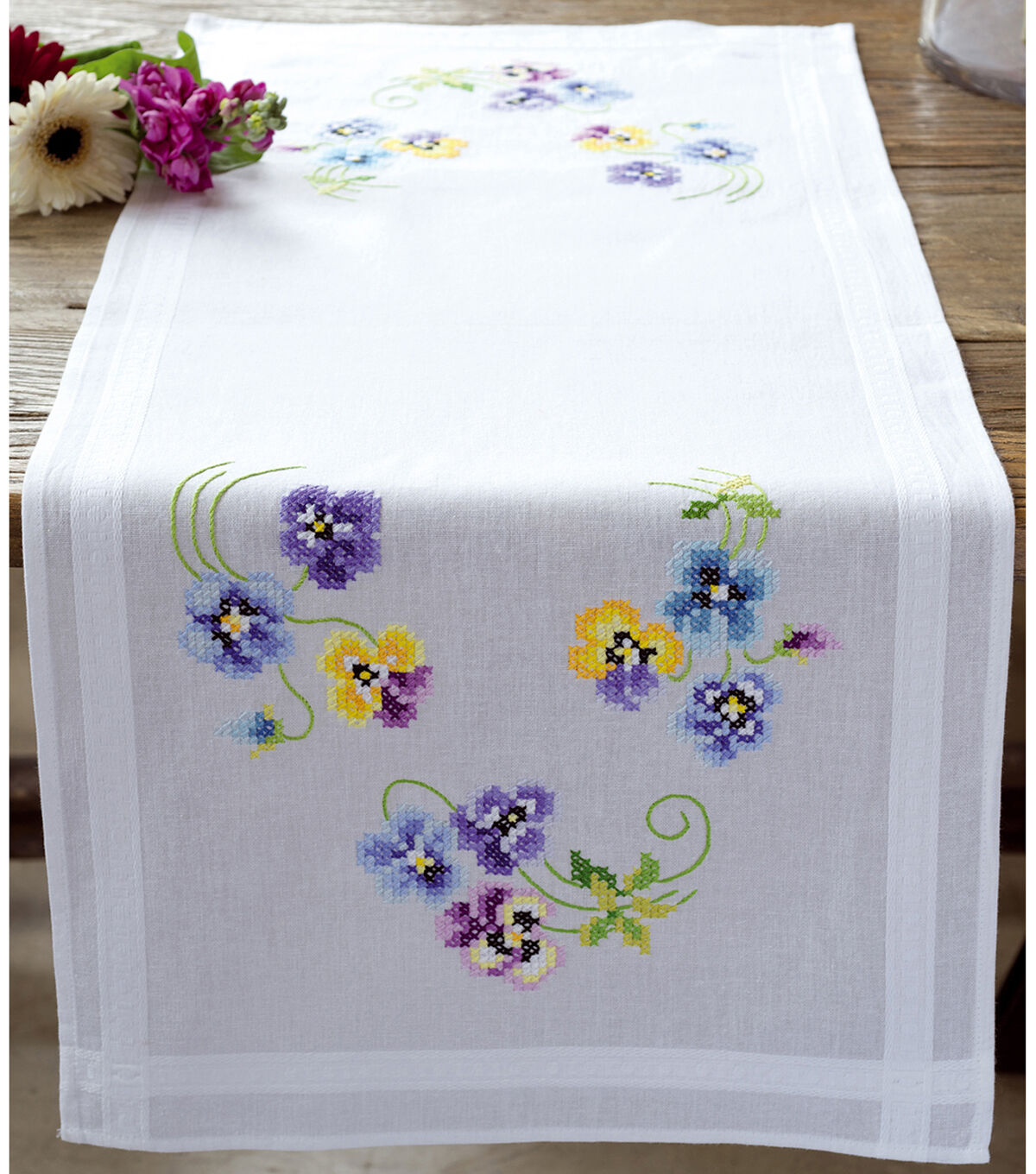 Vervaco 16 x 40 Pretty Pansies Table Runner Stamped Embroidery Kit