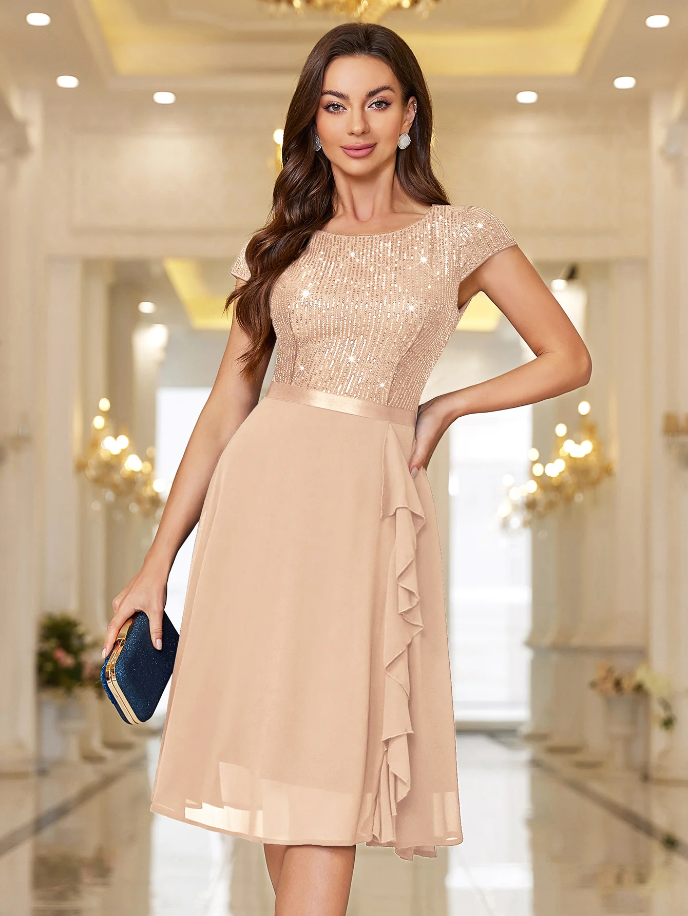 Sequin Lace Ruffle Trim Chiffon Cocktail Party Swing Dress for Weddings, Proms & Formal Events