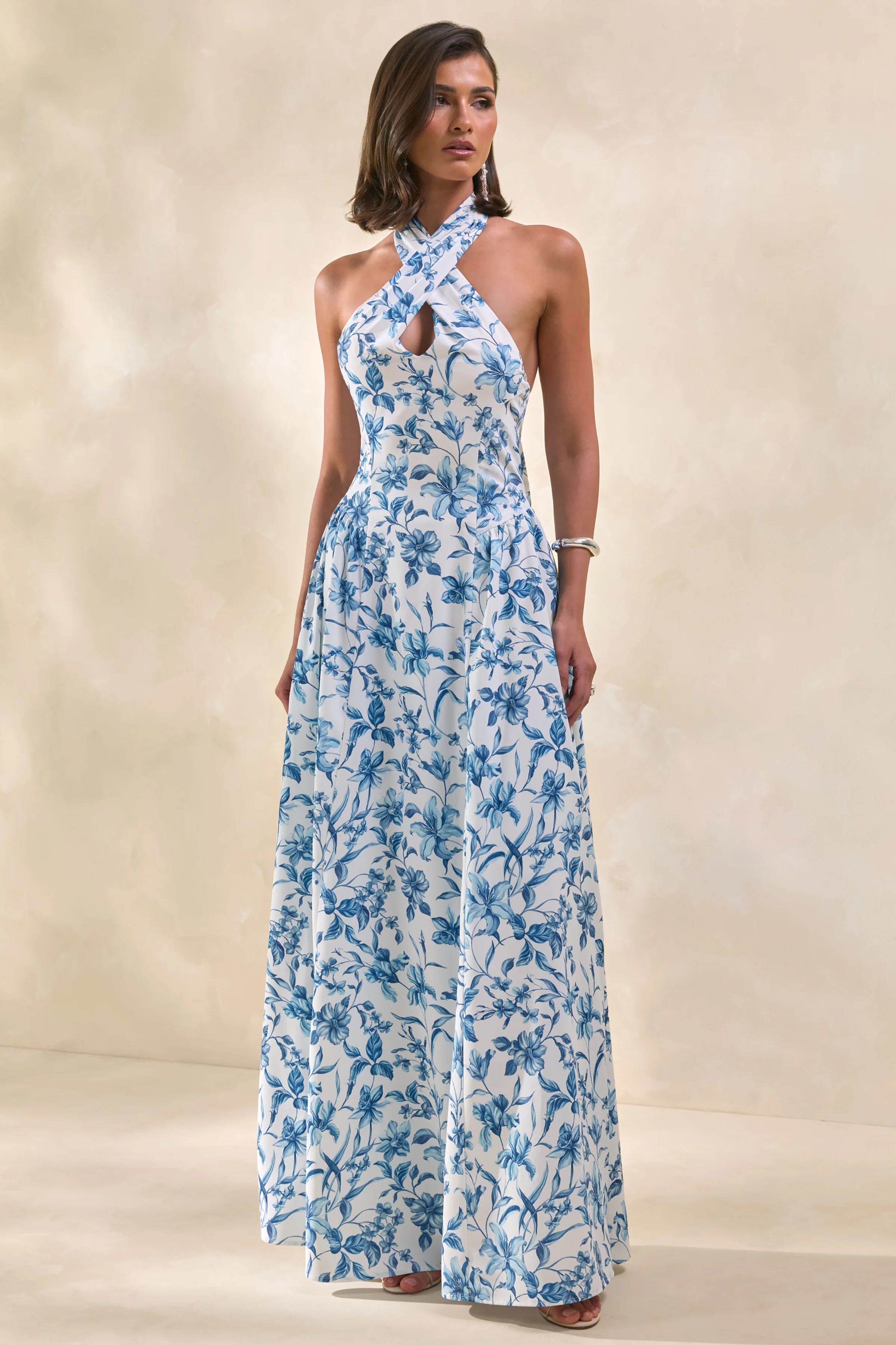 Liana | Blue Porcelain Print Halter-Neck Maxi Dress