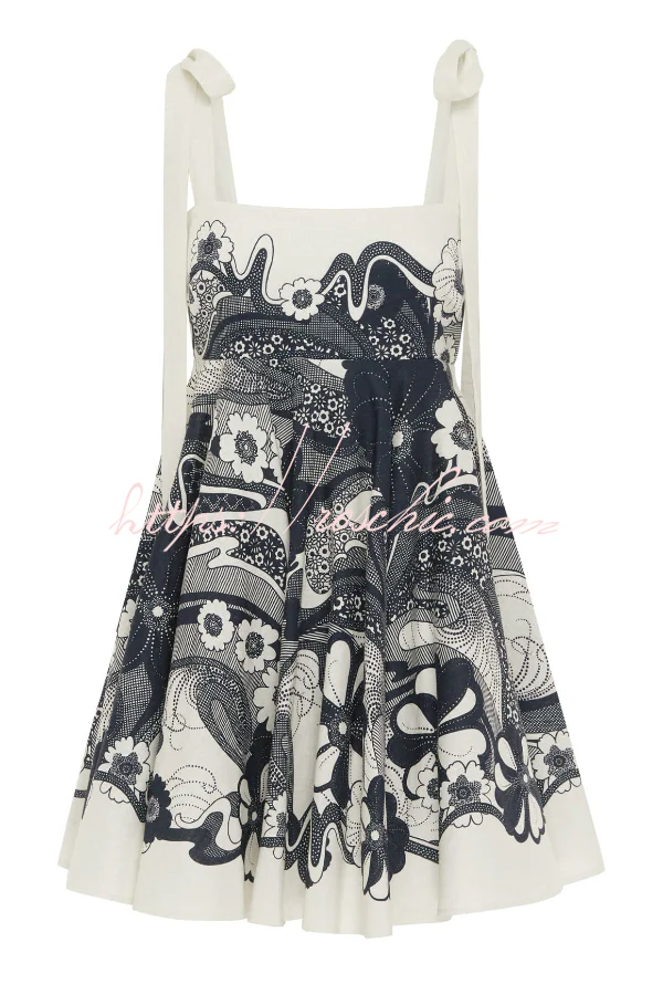 Unique Print Square Neck Spaghetti Strap Tie Full Hem Mini Dress