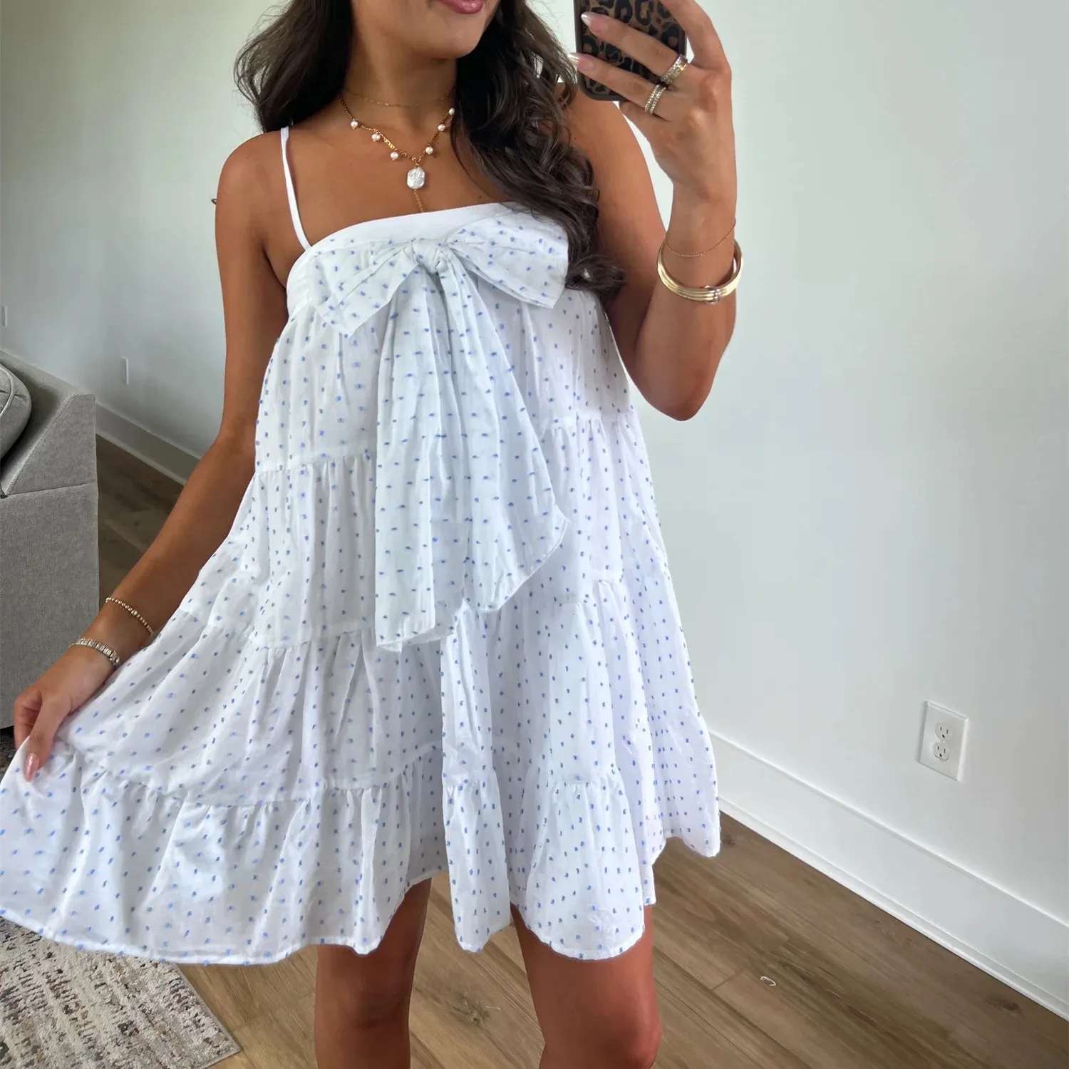 White Dotted Bow Babydoll Mini Dress