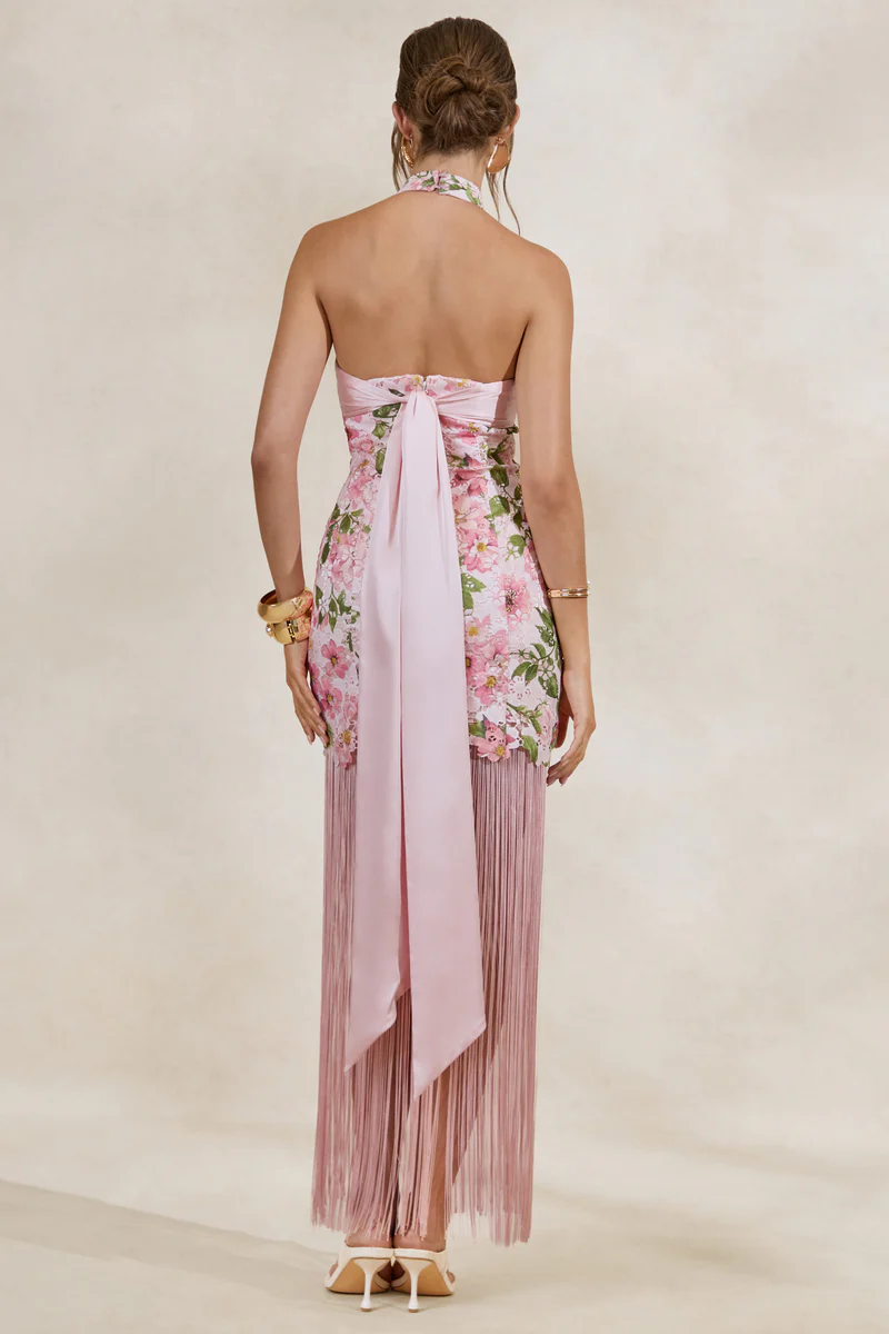 Pink Floral Print Lace Halter-Neck Fringed Maxi Dress