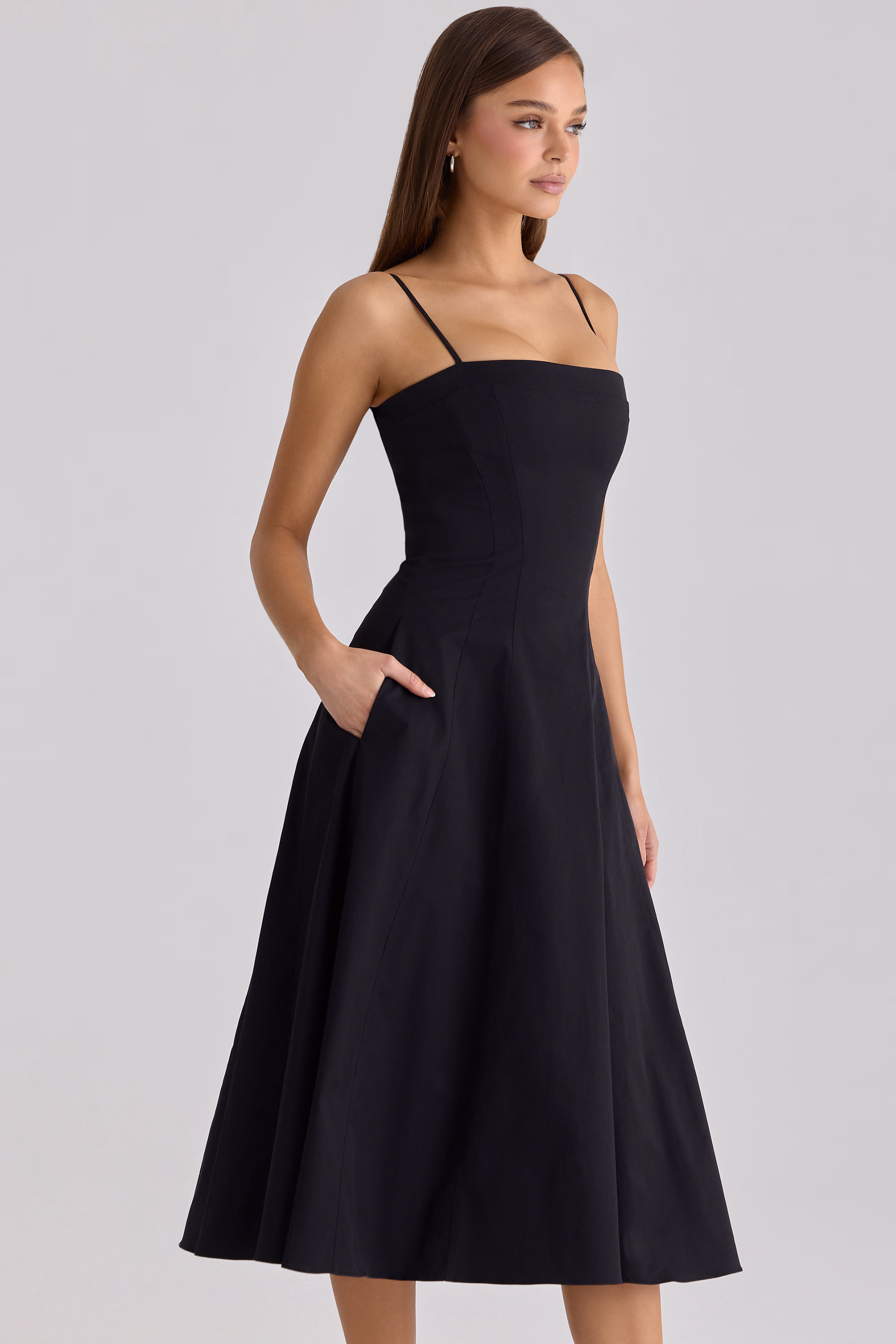 black cotton flared midi sundress