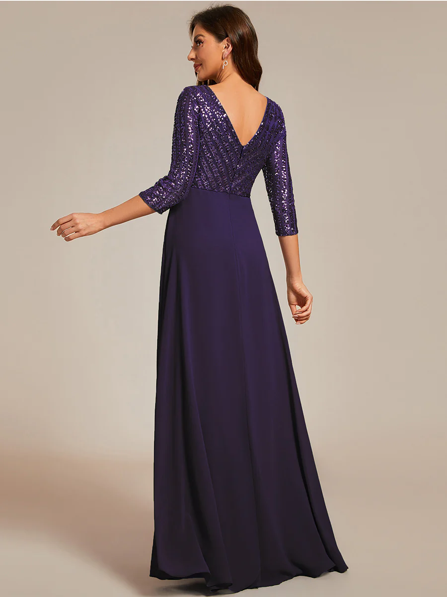 Sexy V Neck A-Line Sequin Wholesale Evening Dresses With 3/4 Sleeve