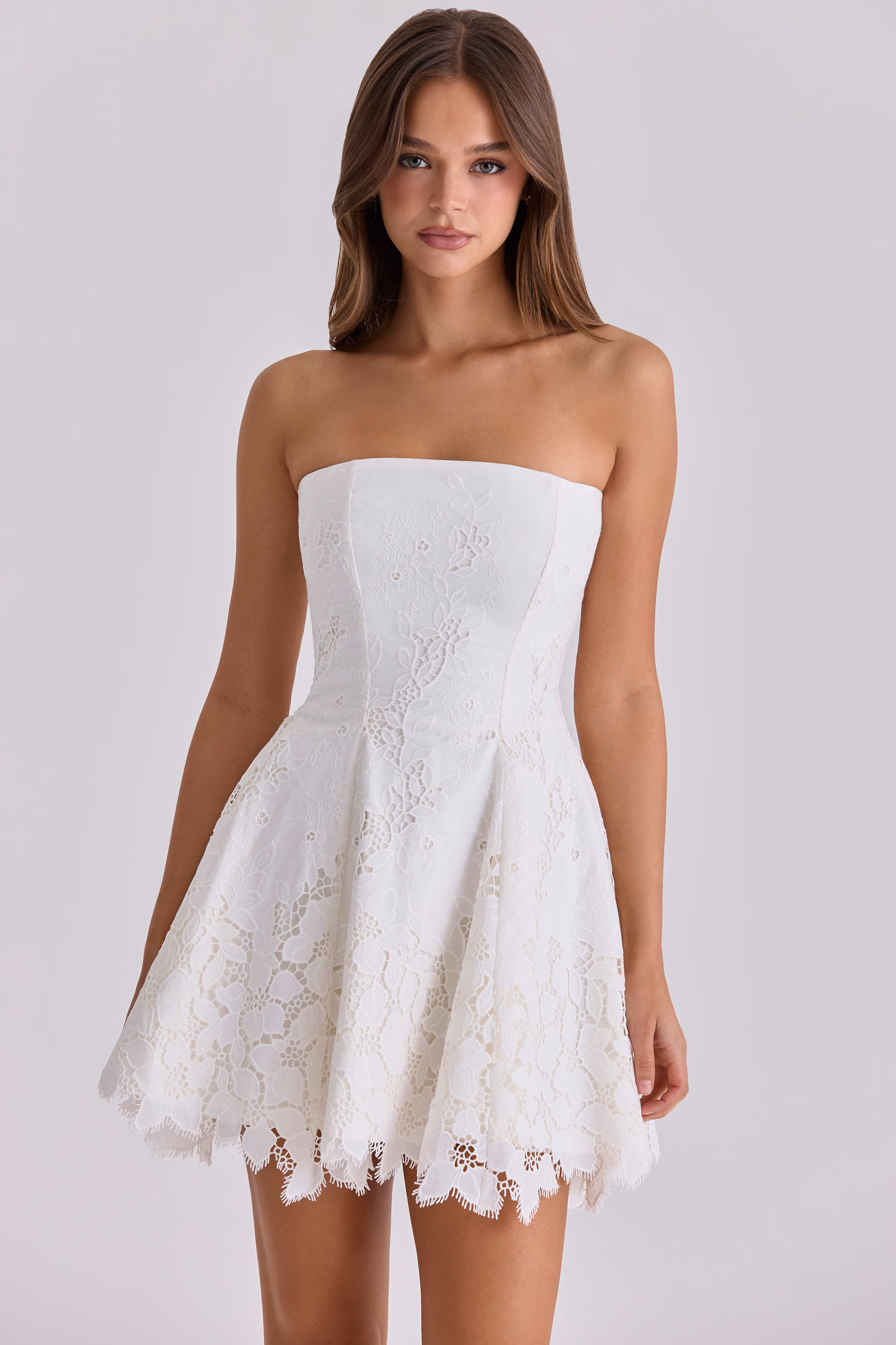 white strapless custom lace broderie anglaise mini dress