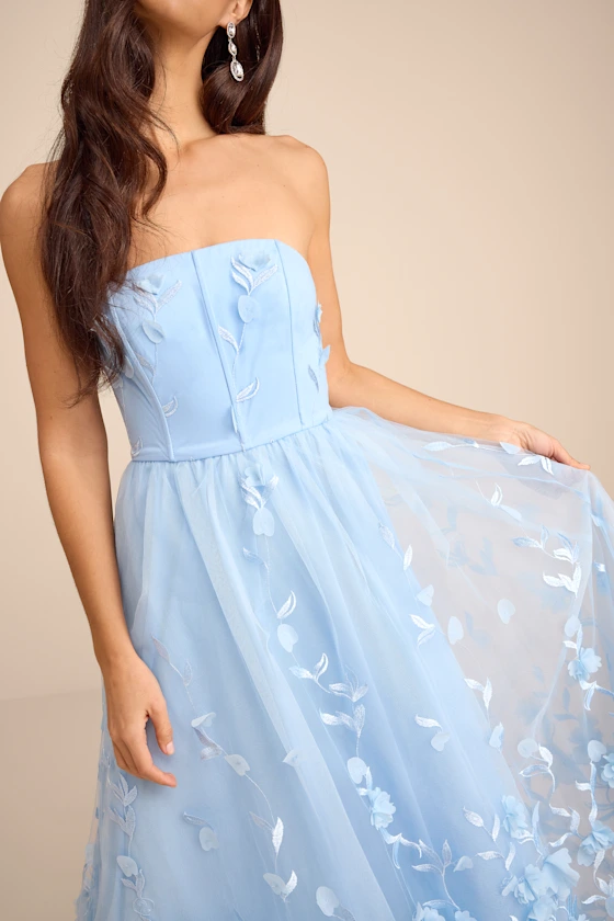 Lynly Light Blue 3D Floral Applique Tulle Maxi Dress