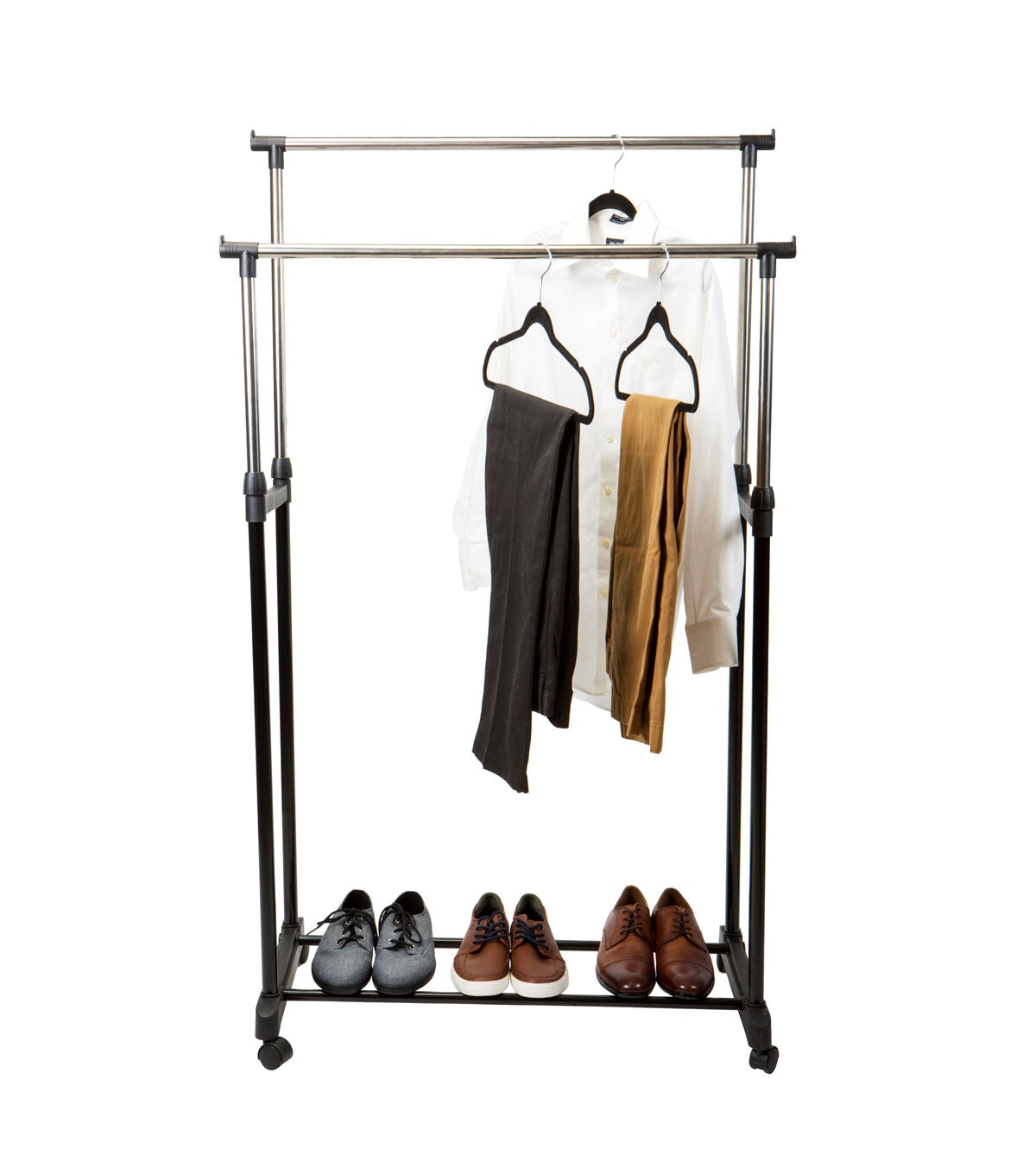 Simplify 31.5 Black 2 Tier Adjustable Height Rolling Garment Rack